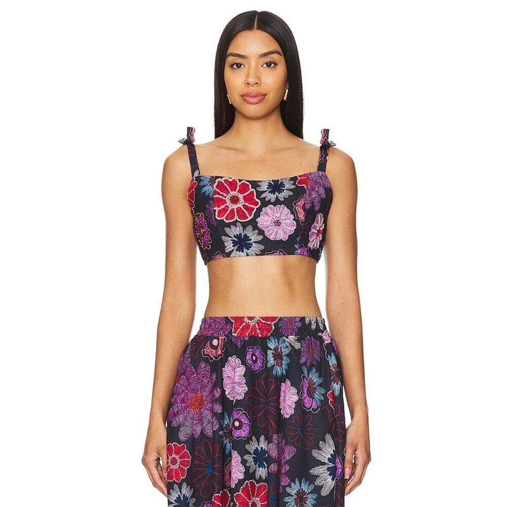 Revolve PEIXOTO Esti Top  black botanical cropped beaded Size S NWT $118msrp